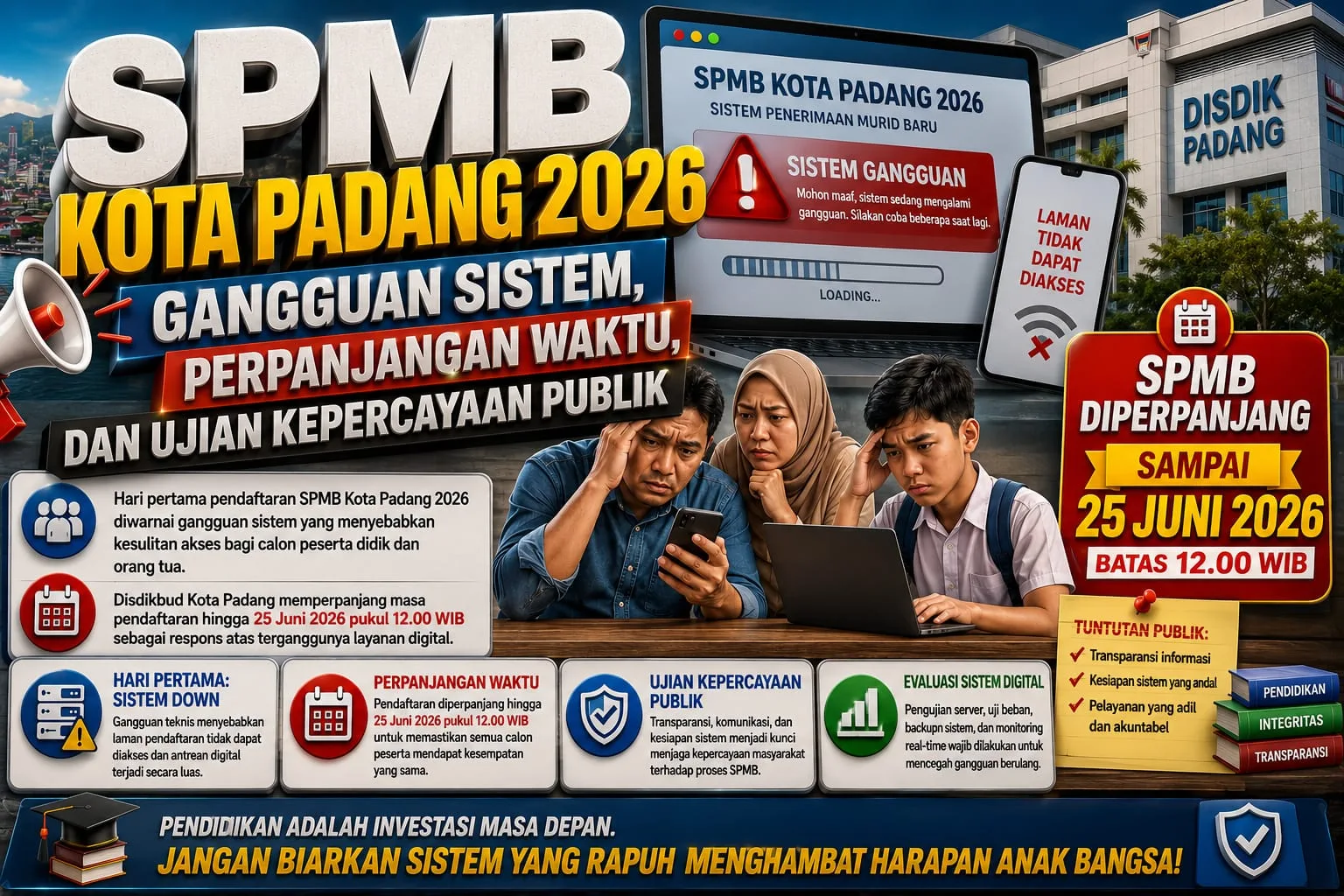 SPMB Kota Padang 2026 Gangguan di Hari Pertama, Disdikbud Perpanjang Pendaftaran hingga 25 Juni