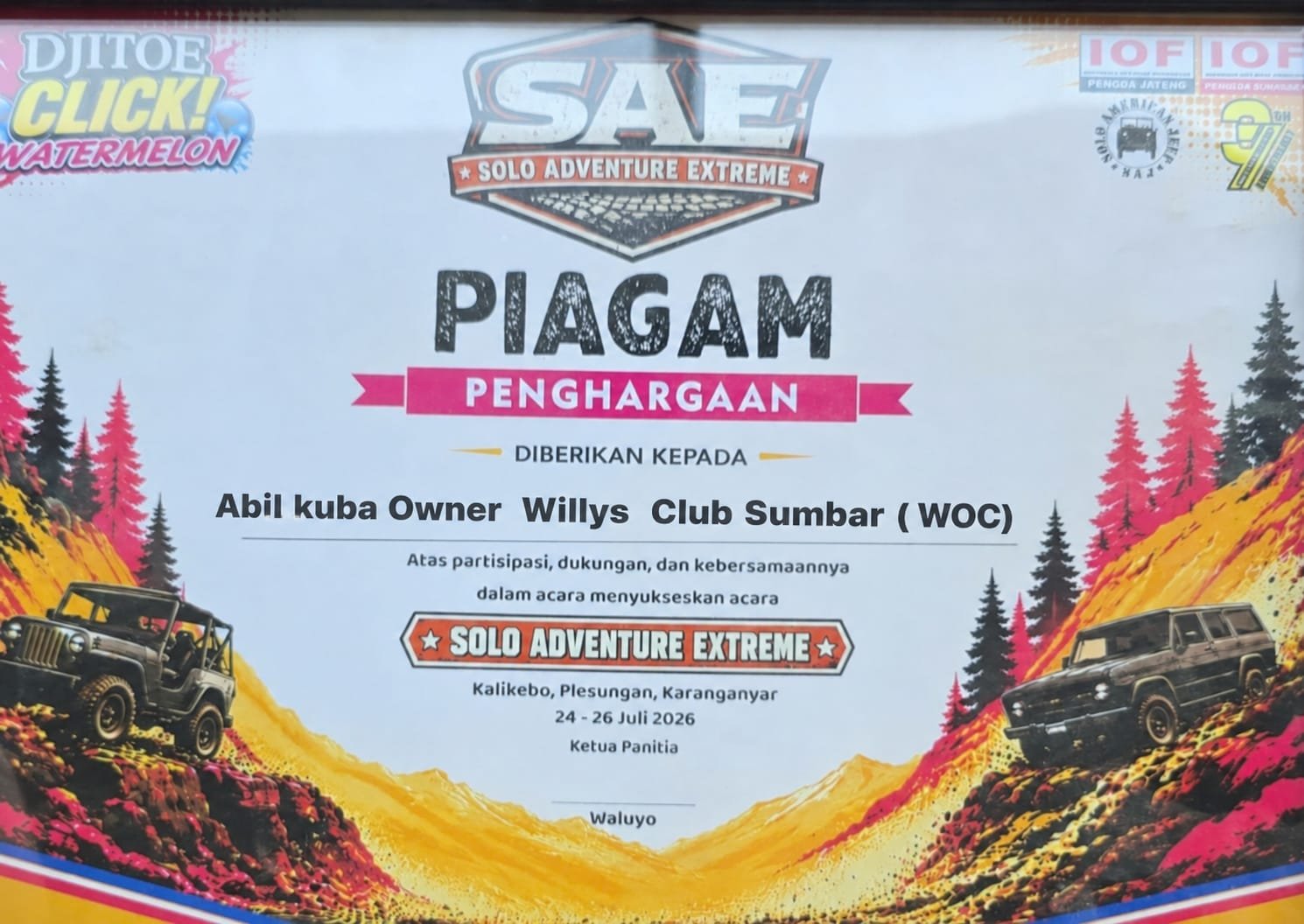 WOC Sumatera Barat Raih Piagam Penghargaan di Solo Adventure Extreme 2026, Abil Kuba: Ini Penyemangat Persaudaraan Komunitas Off-Road