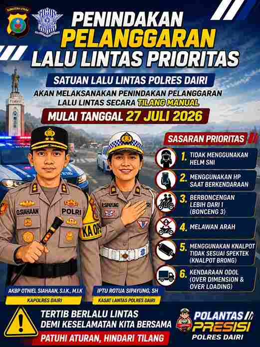 Polres Dairi Berlakukan Tilang Manual Mulai Senin 27 Juli 2026, Ini 6 Pelanggaran Prioritas yang Ditindak