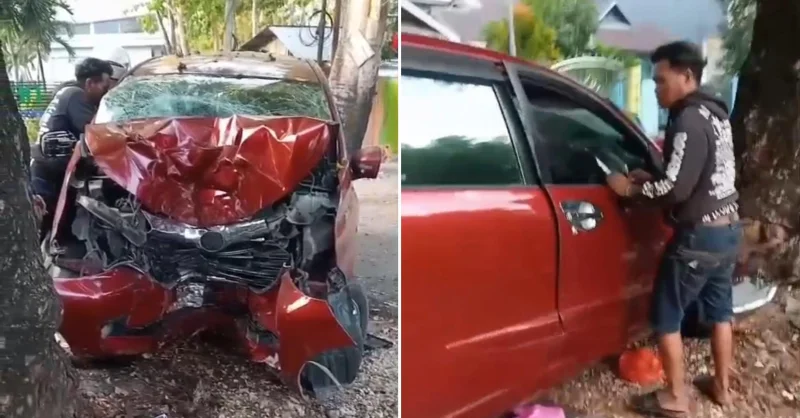 Kecelakaan Tunggal di Baubau: Avanza Merah Ringsek Usai Hantam Pohon di Depan Kantor PUPR, Sopir Berhasil Selamat