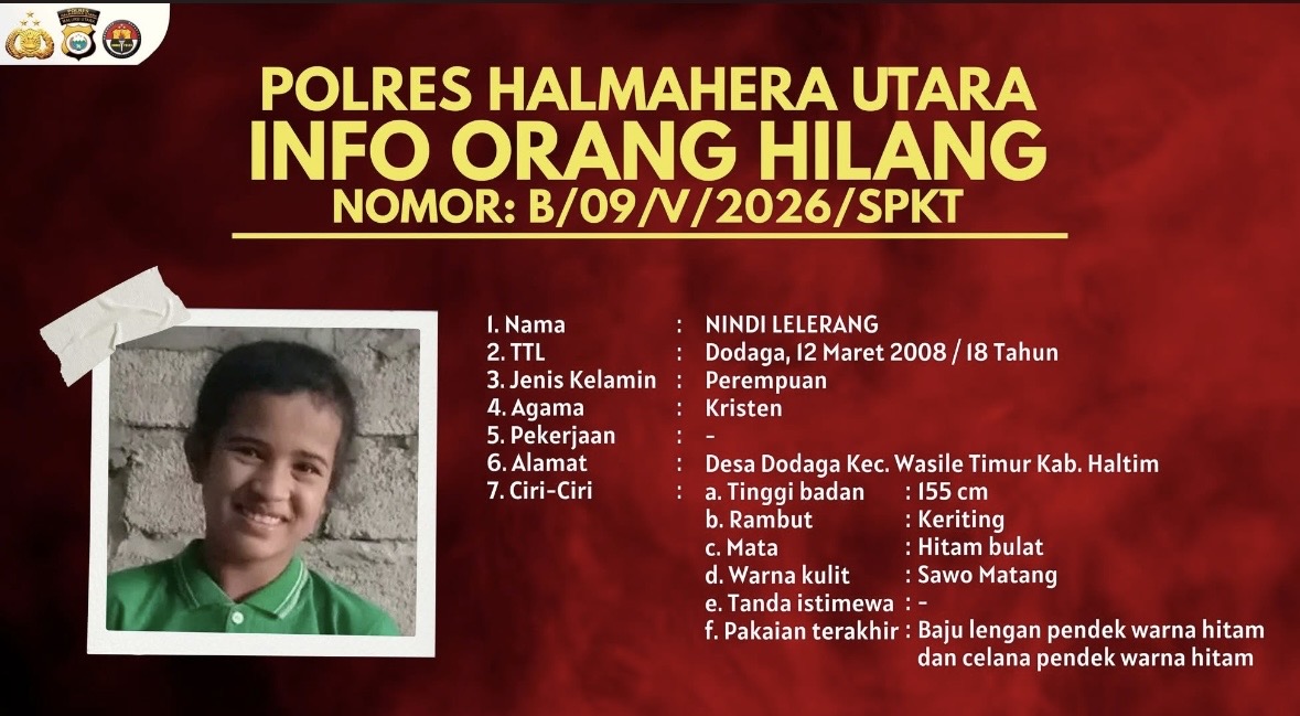 Gadis 18 Tahun di Halmahera Utara Dilaporkan Hilang, Polisi Rilis Ciri Fisik dan Kondisi Khusus Korban