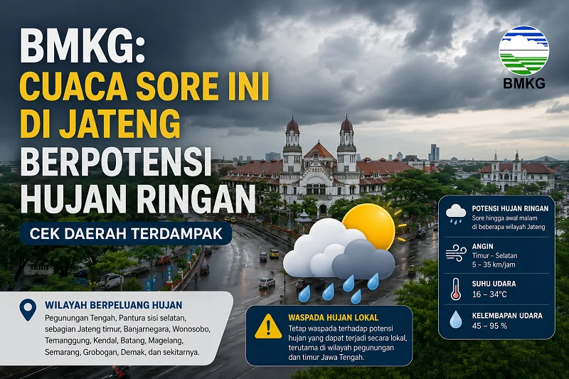 Prakiraan Cuaca Jateng Jumat: Hujan Ringan Guyur Banjarnegara hingga Semarang saat Sore, Ini Daftar 19 Wilayah