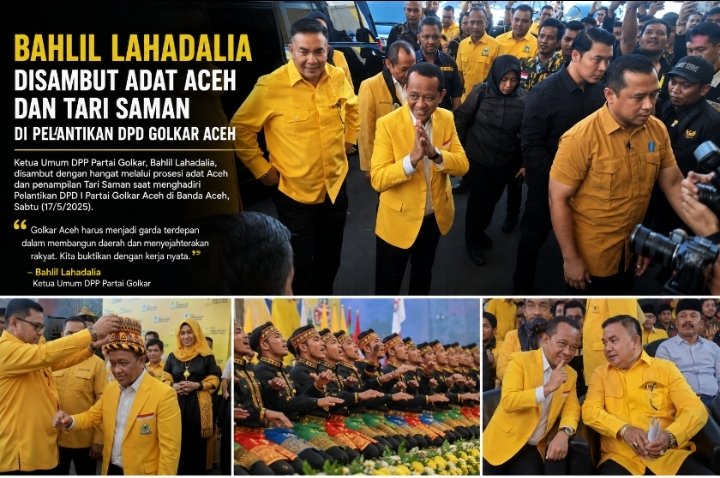 Ketum Golkar Bahlil Lahadalia Disambut Adat Aceh dan Tari Saman Gayo di Pelantikan DPD Golkar Aceh