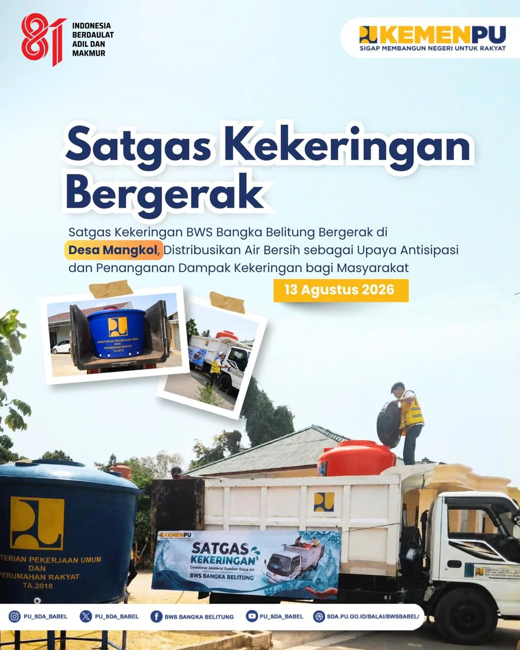 Satgas Kekeringan BWS Babel Distribusikan Air Bersih ke Desa Mangkol, Antisipasi Dampak Musim Kemarau di Pangkalpinang