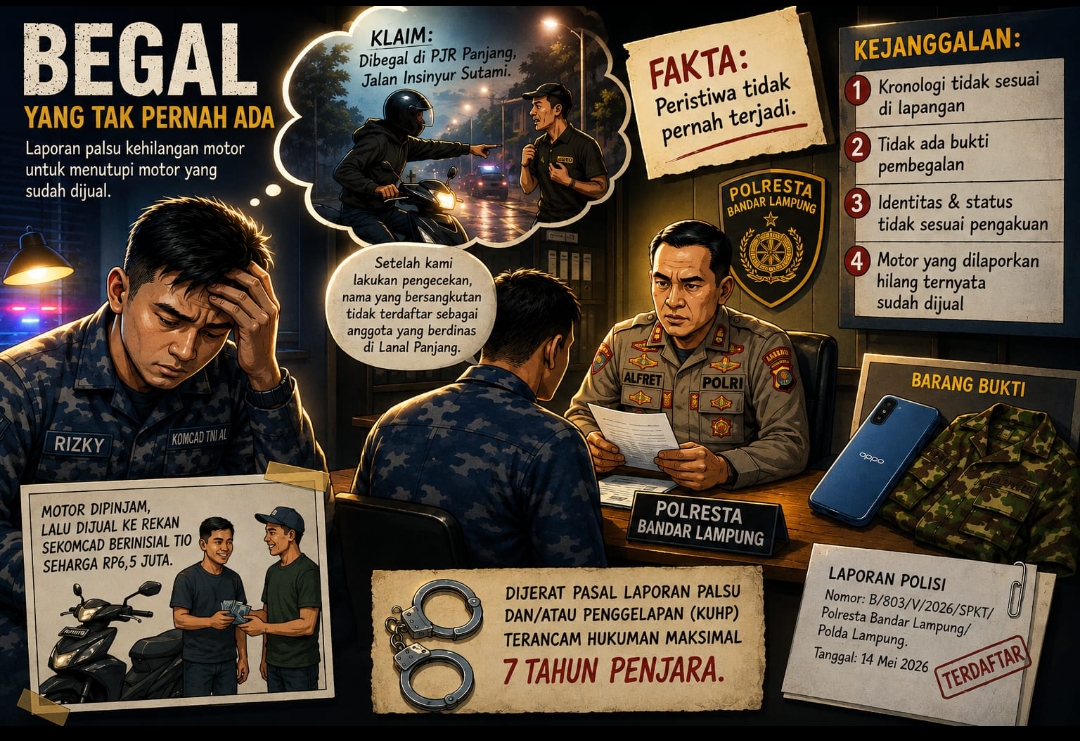 Warga Bandar Lampung Buat Laporan Begal Palsu demi Tutupi Utang Cicilan Motor, Polisi Temukan Motor Sudah Dijual Rp 6,5 Juta