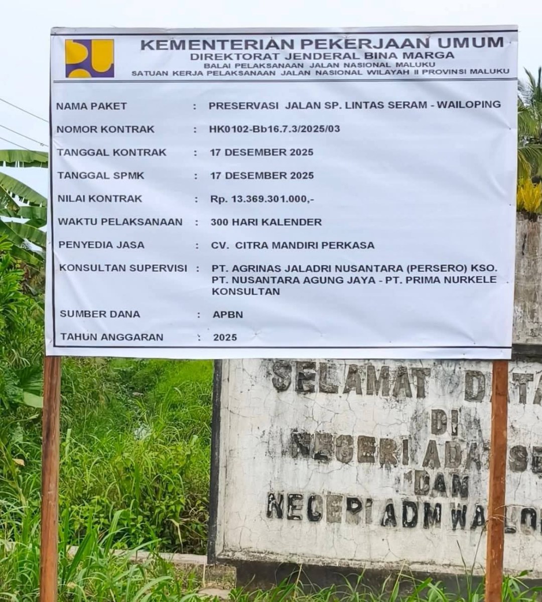 Papan Proyek BPJN Maluku Rp13,3 Miliar di Wailoping Seram Dicopot Misterius, Warga Curigai Ada yang Ditutupi