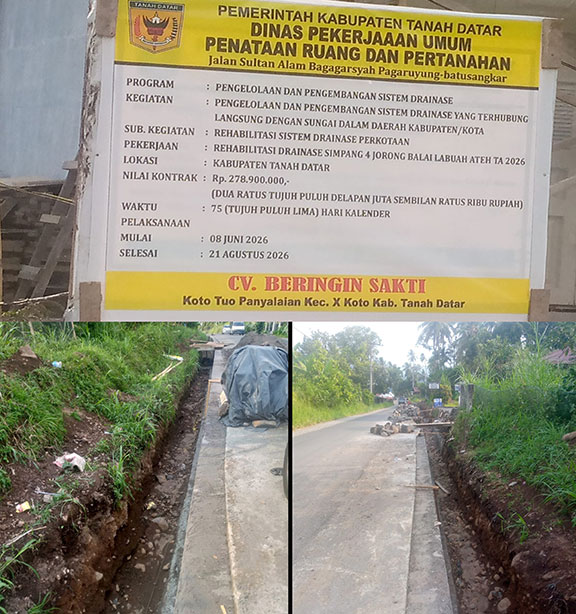 Proyek Drainase Simpang Empat Rambatan di Tanah Datar Hampir Rampung, Rp 278,9 Juta Digelontorkan untuk Atasi Banjir Langganan