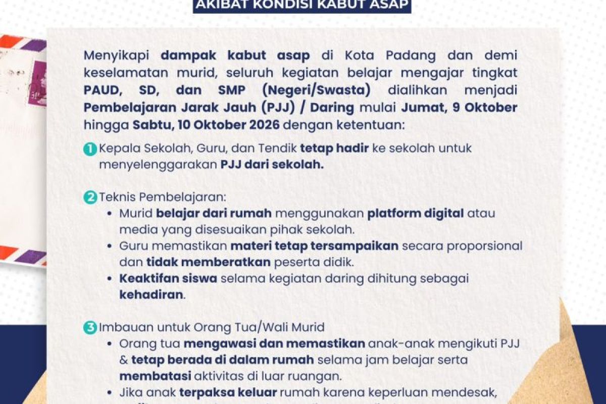 Pemkot Padang Terapkan PJJ untuk PAUD hingga SMP Akibat Kabut Asap, Sekolah Diminta Pastikan Pembelajaran Tetap Efektif
