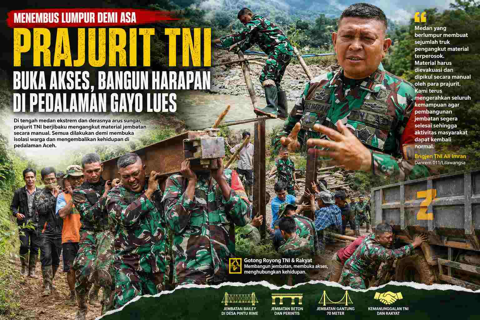 Prajurit TNI Pikul Material Jembatan di Gayo Lues Demi Pulihkan Akses Warga Pedalaman yang Terisolasi Banjir
