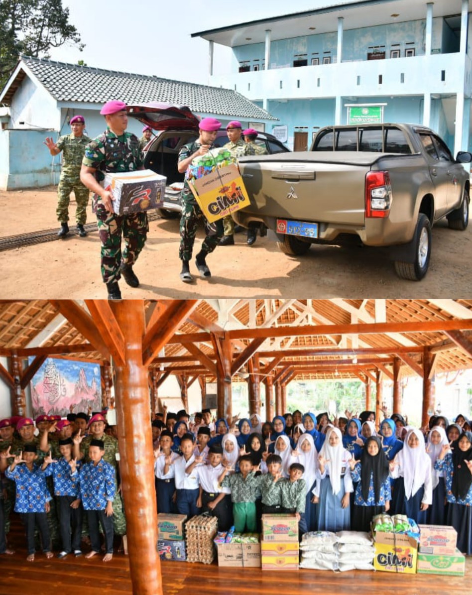Prajurit Yonif 7 Marinir Bagikan Bingkisan dan Sembako untuk Anak Yatim di Pesantren Nurul Huda Pesawaran
