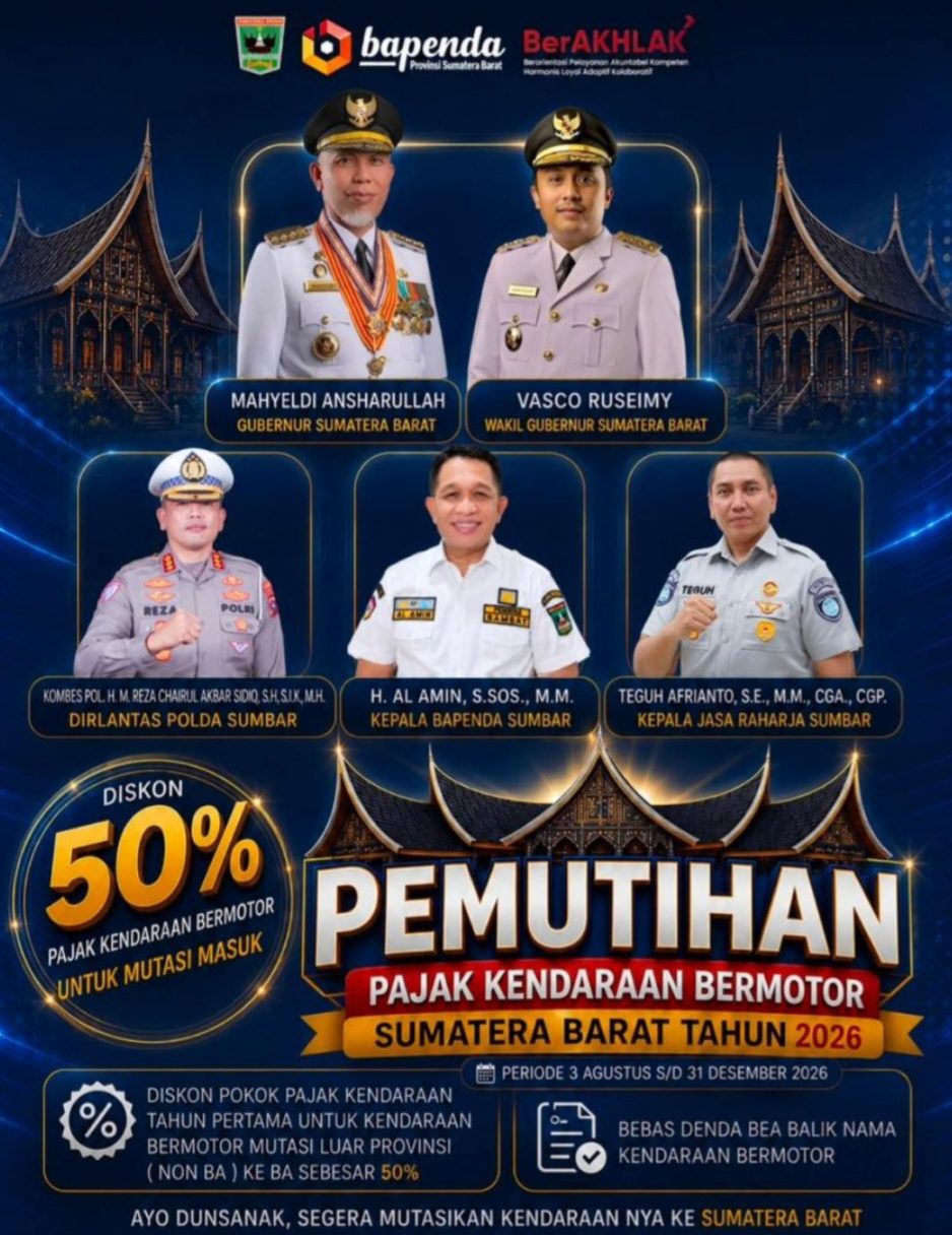 Pemprov Sumbar Berlakukan Pemutihan Pajak Kendaraan Hapus 50% Tunggakan, Berlaku Hingga 31 Desember 2026