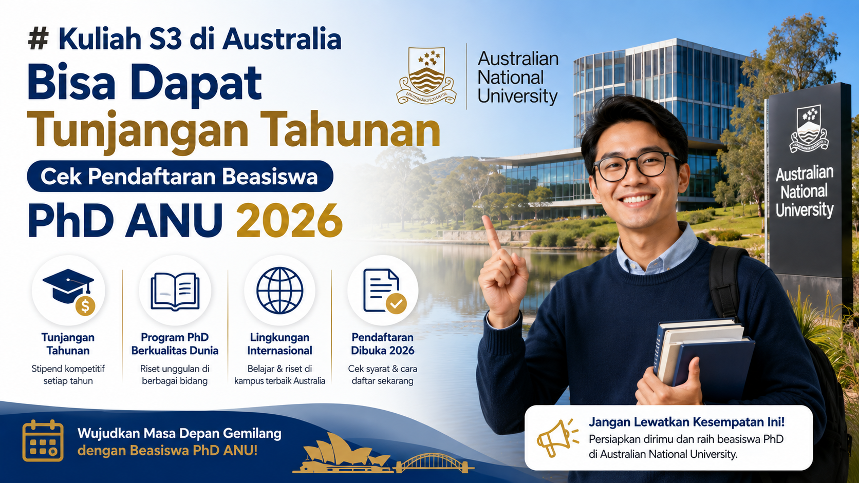 Kuliah S3 di Australia Bisa Dapat Tunjangan Tahunan, Cek Pendaftaran Beasiswa PhD ANU 2026