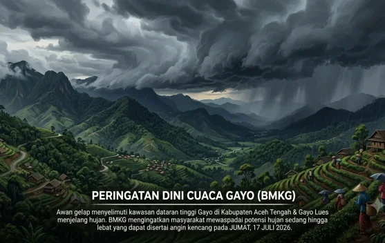 BMKG Keluarkan Peringatan Dini Hujan Lebat dan Angin Kencang untuk Aceh Tengah dan Gayo Lues pada 17 Juli 2026