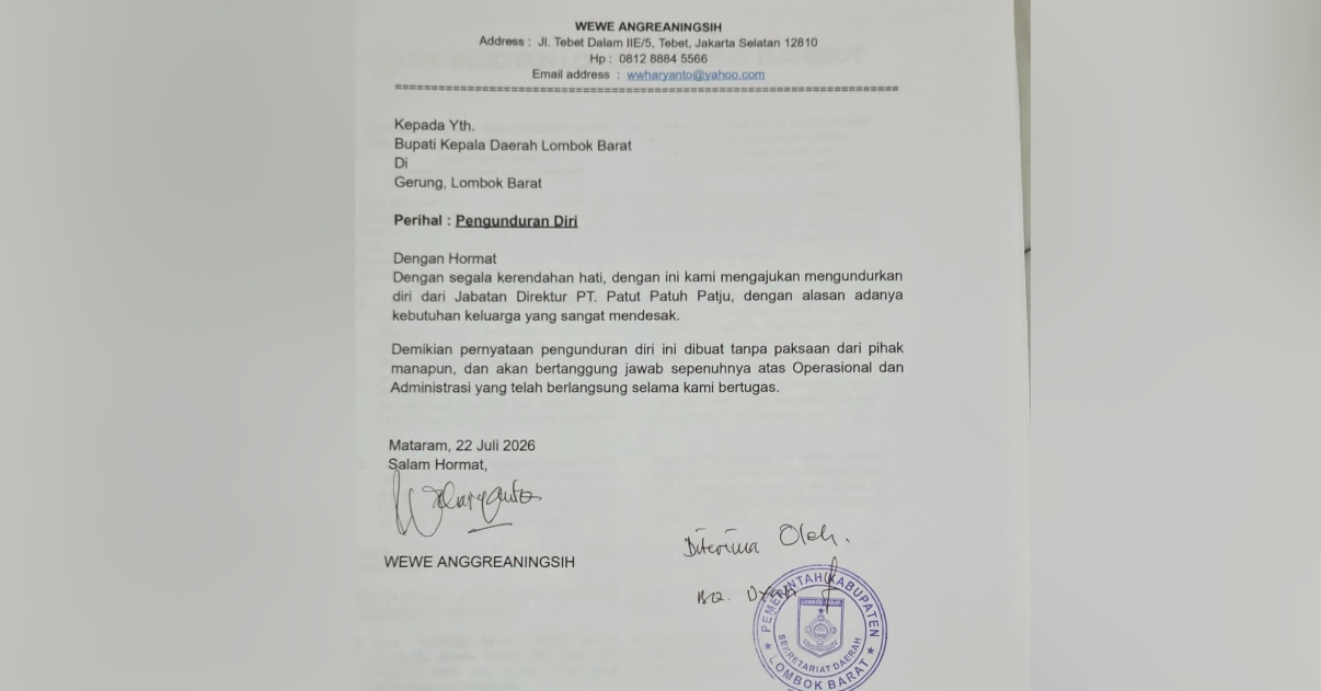 Direktur PT Patut Patuh Patju Wewe Anggreaningsih Ajukan Surat Pengunduran Diri ke Bupati Lombok Barat