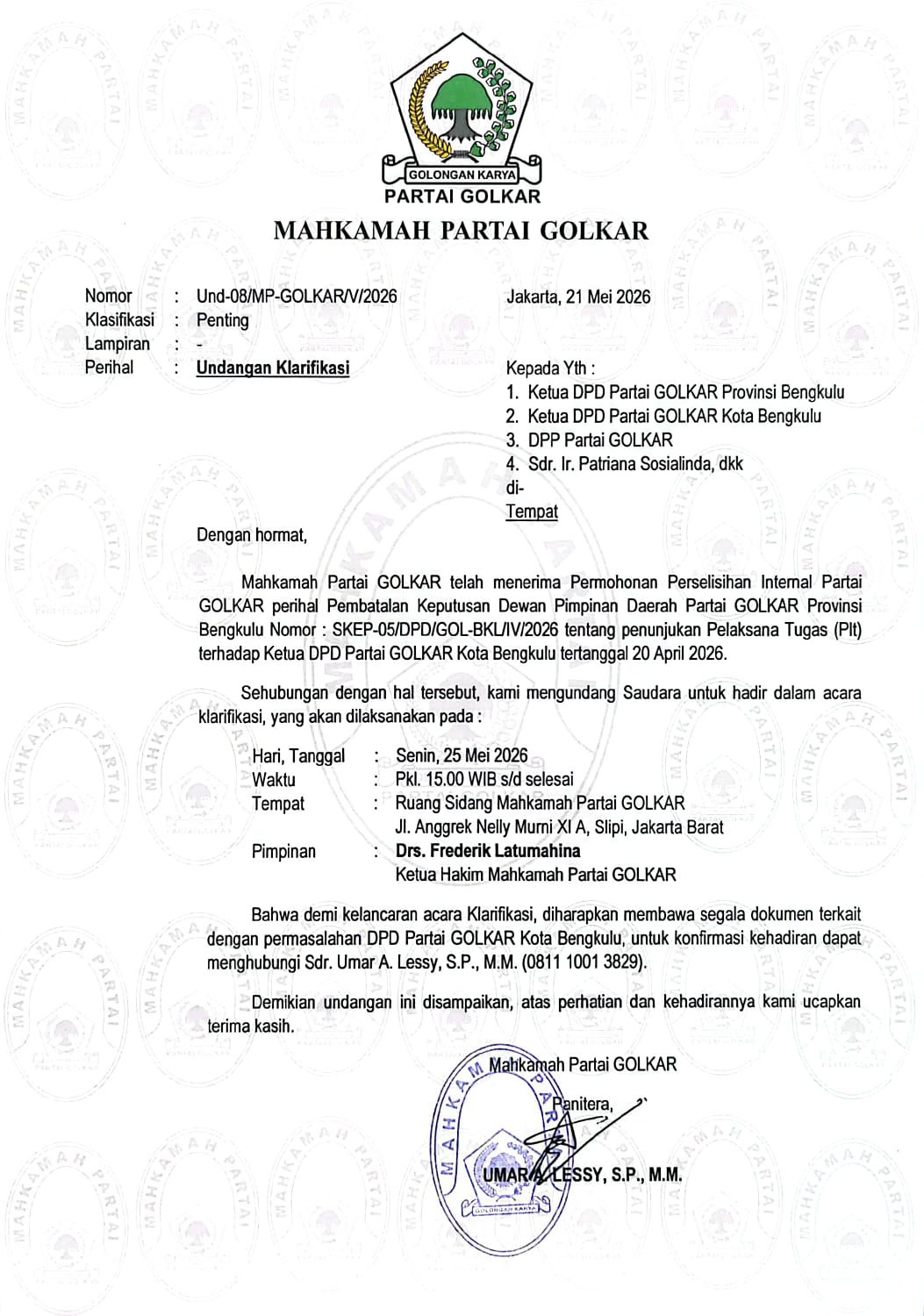 Mahkamah Partai Golkar Panggil DPD Bengkulu dan Patriana Sosialinda, Sengketa Plt Ketua Kota Dibawa ke Jakarta