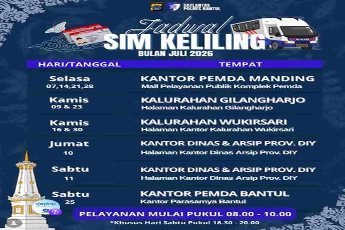 Jadwal SIM Keliling Bantul Juli 2026: Tiga Lokasi Layanan, Kuota Terbatas, dan Syarat Perpanjangan SIM Terbaru