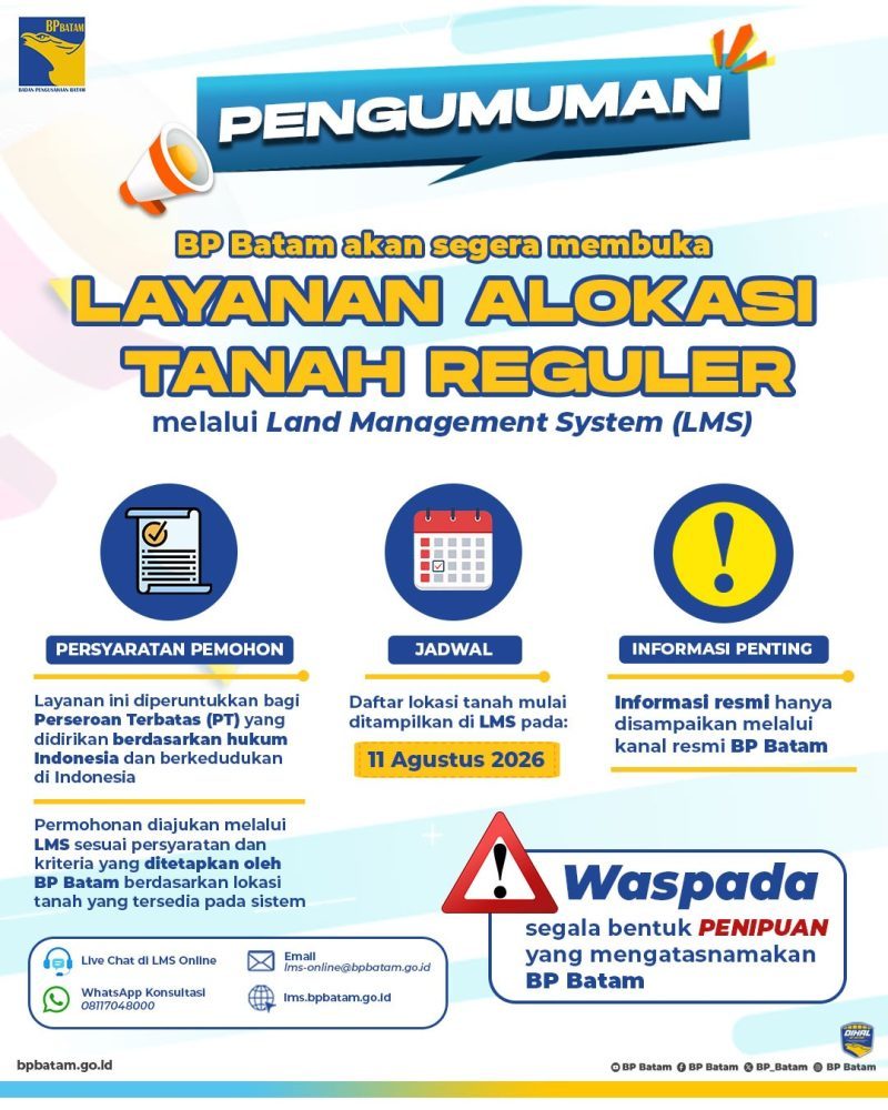 BP Batam Buka Alokasi Lahan Digital untuk Badan Usaha, Daftar Lokasi Mulai Tampil 11 Agustus 2026