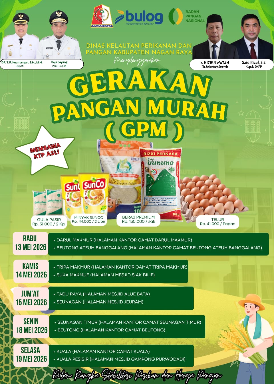Sambut Iduladha 1447 H, Pemkab Nagan Raya Subsidi Sembako di 10 Kecamatan, Beras Premium Rp130.000 Per Sak