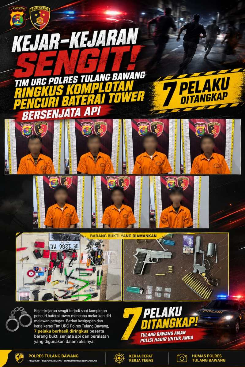 Tim URC Polres Tulang Bawang Ringkus 7 Pelaku Pencurian Baterai Tower Bersenjata Api, Satu Tersangka Tewas Ditembak