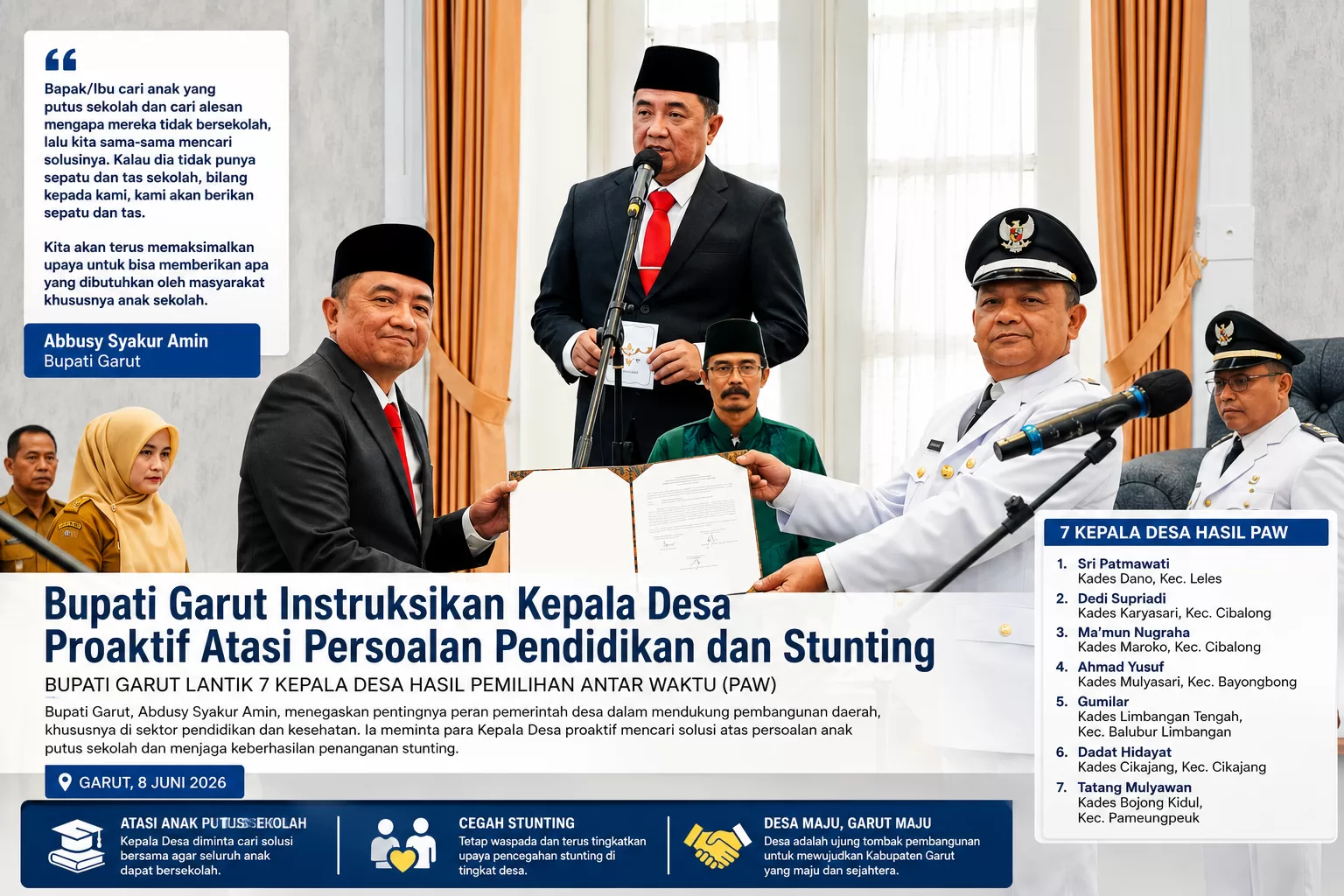 Bupati Garut Abdusy Syakur Amin Lantik 7 Kepala Desa PAW, Instruksikan Cari dan Tangani Anak Putus Sekolah