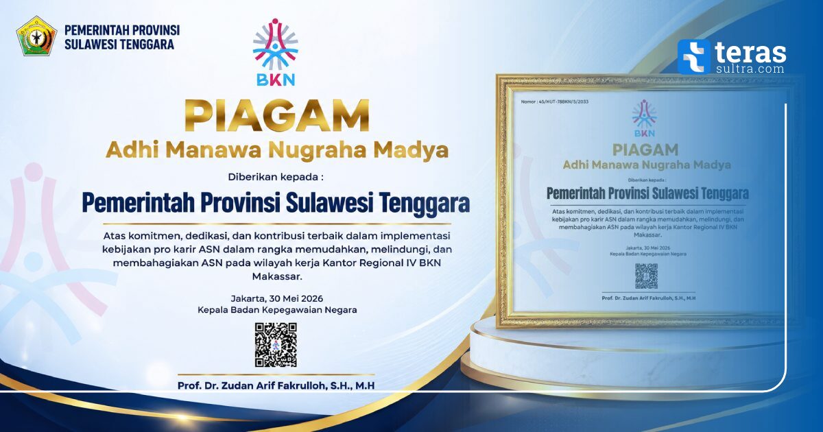 Pemprov Sulawesi Tenggara Raih Penghargaan Adhi Manawa Nugraha Madya dari BKN, Bukti Tata Kelola ASN yang Profesional