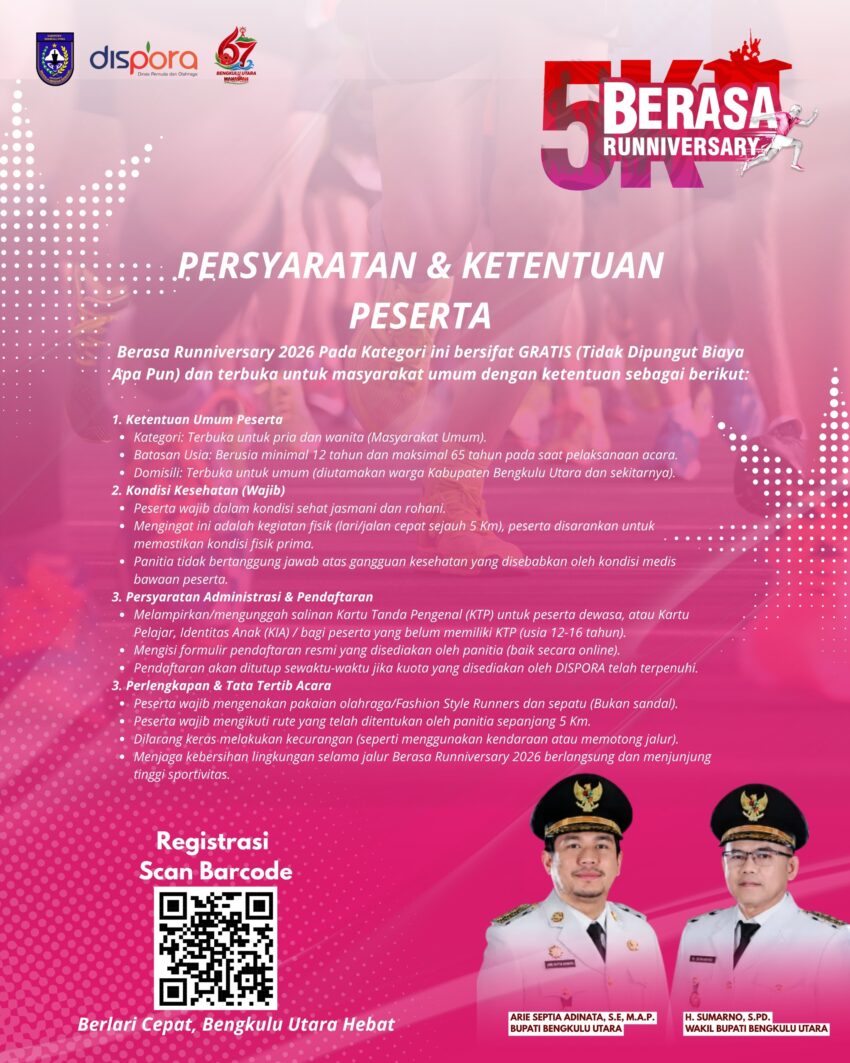 Dispora Bengkulu Utara Gelar Fun Run 5 Km Gratis Rayakan HUT ke-67, Hadiah Tunai untuk 20 Finisher Tercepat