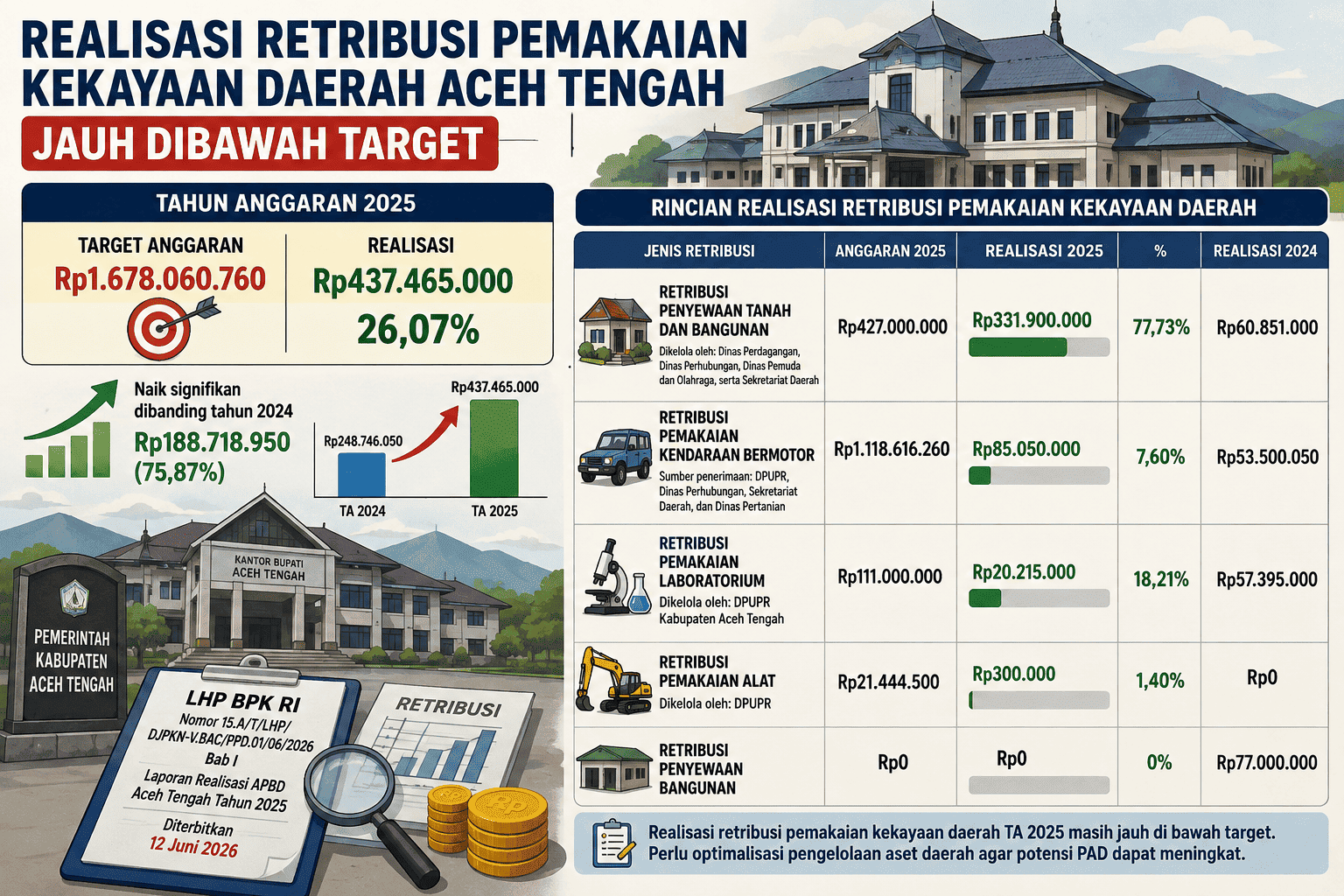 Realisasi Retribusi Kekayaan Daerah Aceh Tengah Baru 26 Persen, Penyewaan Tanah dan Bangunan Jadi Penopang Utama