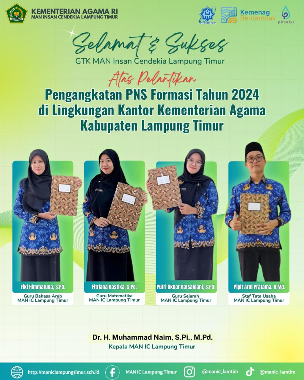 4 Guru dan Staf Baru MAN IC Lampung Timur Resmi Dilantik Jadi PNS, Perkuat Madrasah Unggulan di Lampung Timur