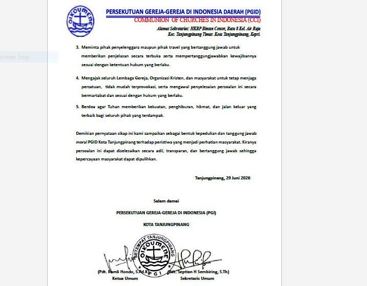 PGI Tanjungpinang Desak Pemprov Kepri dan Polisi Usut Tuntas Gagalnya Keberangkatan 27 Peserta Pesparawi ke Manokwari