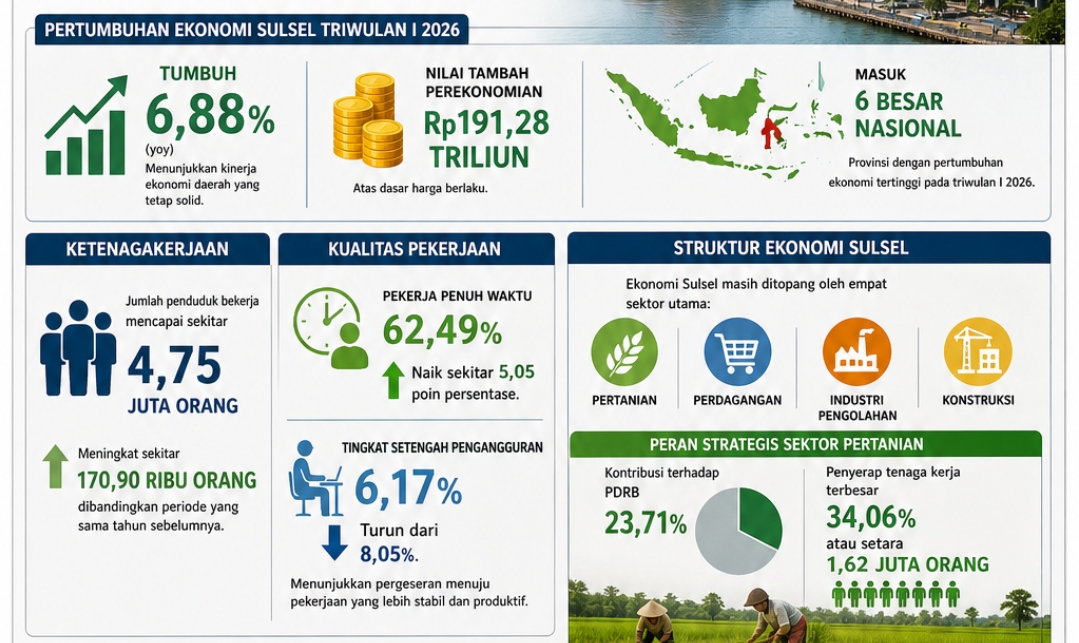 Ekonomi Sulsel Tumbuh 6,88 Persen, Serap 170.900 Tenaga Kerja Baru