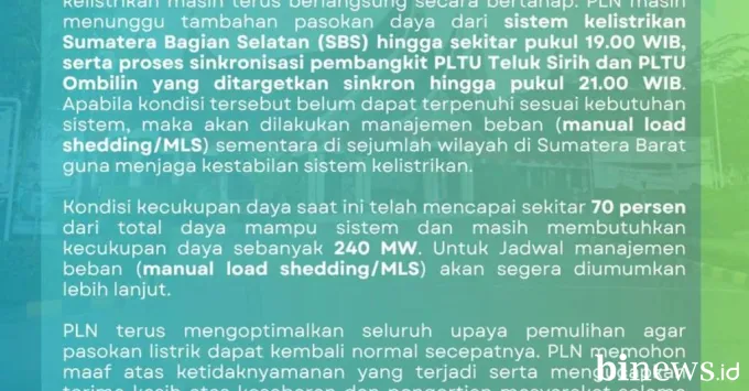 Tambahan Daya 240 MW Masih Kurang, PLN Sumbar Siapkan Pemadaman Bergilir