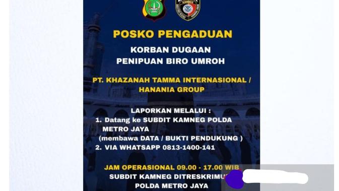 Polda Metro Jaya Buka Posko Pengaduan Korban Penipuan Umrah Hanania, Kerugian Capai Rp12,14 Miliar