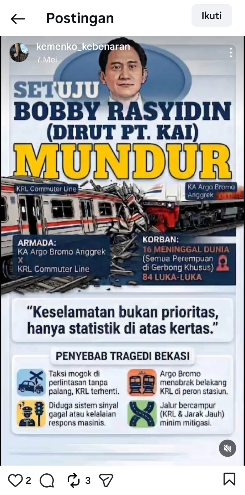 16 Tewas dalam Tragedi KA di Bekasi, Mutasi Pejabat KAI Dinilai Tak Cukup – Desakan ke Dirut Menguat
