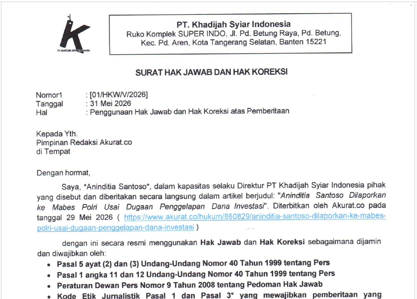 Aninditia Santoso Kirim Hak Jawab ke Redaksi, Bantah Tuduhan Penggelapan Dana Investasi
