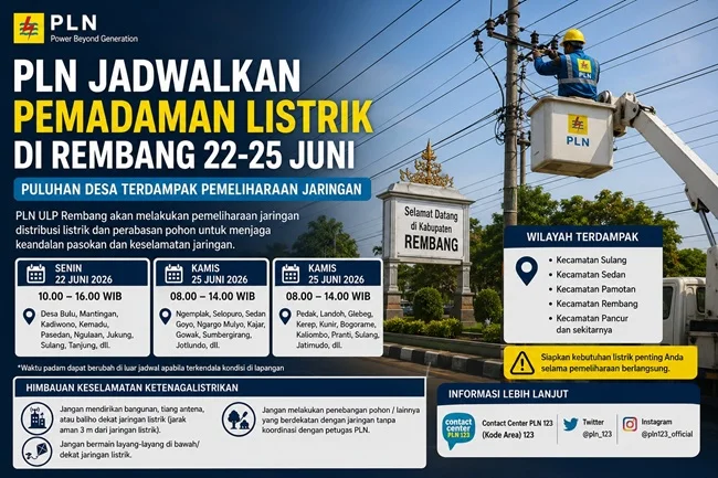 PLN Padamkan Listrik di Puluhan Desa Rembang 22-25 Juni, Ini Daftar Wilayah Terdampak