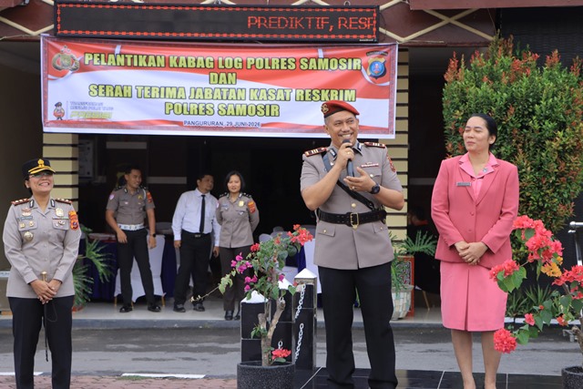 Kapolres Samosir Langsung Pimpin Pelantikan Kabag Log dan Sertijab Kasat Reskrim, Ini Amanatnya