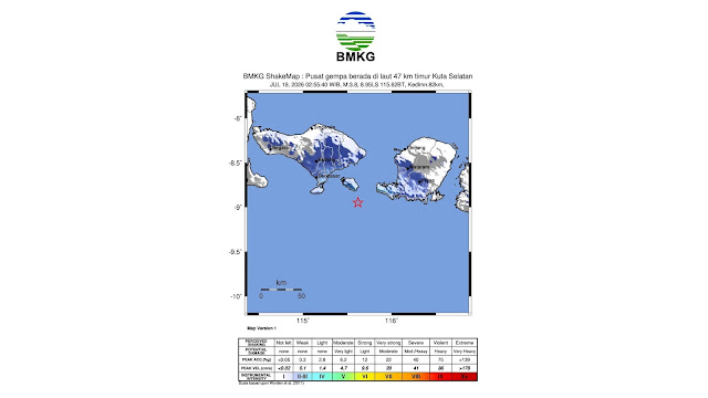 Gempa M 3,8 Guncang Badung dan Gianyar Dini Hari, Pusat di Laut Timur Kuta Selatan, Kedalaman 82 Km