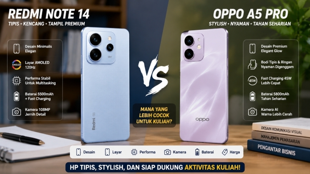 Redmi Note 14 vs OPPO A5 Pro: Duel Ponsel Tipis 2026 Buat Mahasiswa, Mana yang Lebih Nyaman?