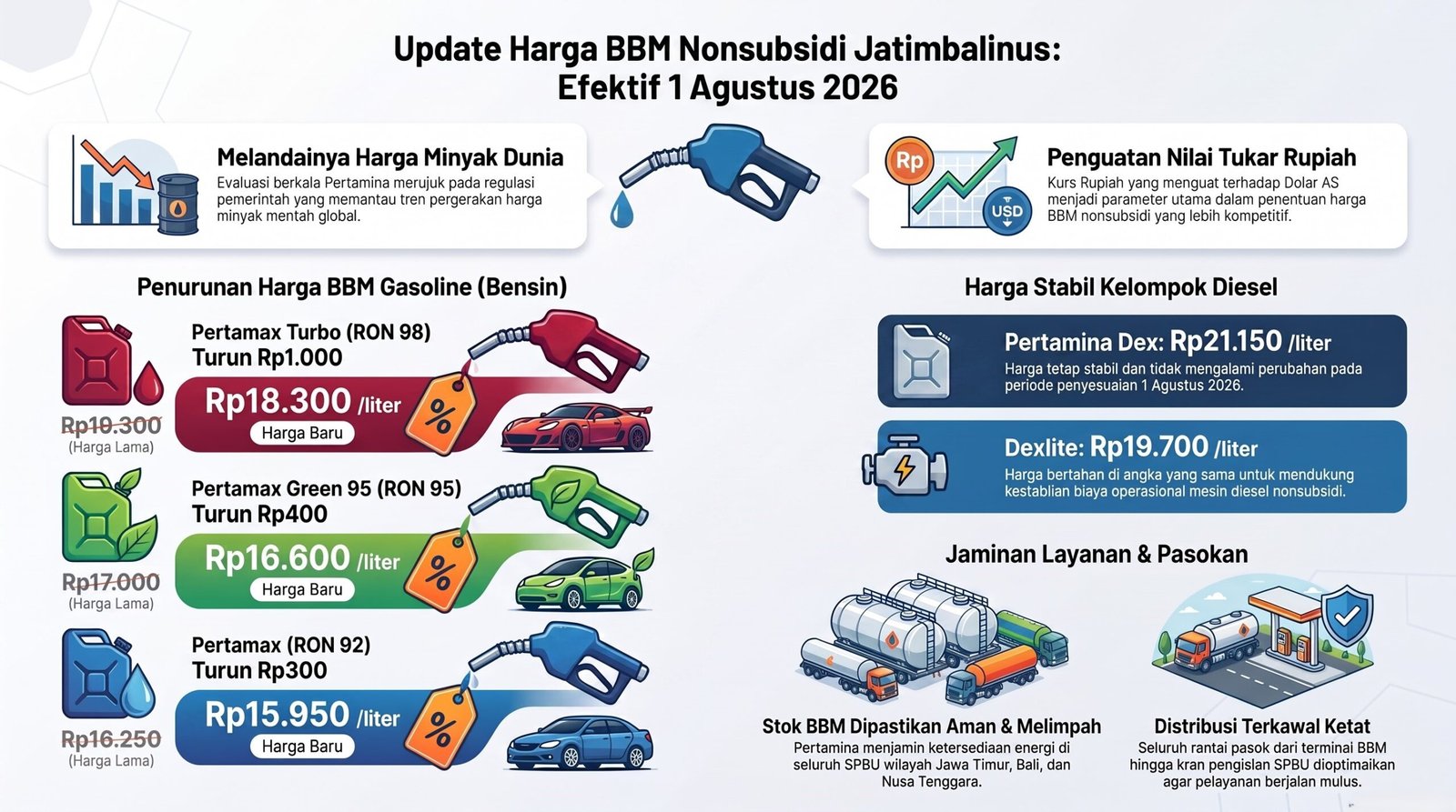Harga BBM Pertamina Jatimbalinus Turun per 1 Agustus 2026: Pertamax Turbo Kini Rp 18.300, Pertamax Rp 15.950