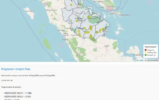 44 Hotspot Karhutla Terpantau di 8 Kabupaten Kota Riau, Indragiri Hilir dan Dumai Jadi Wilayah Terbanyak