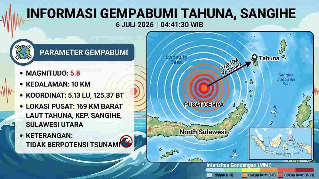 BMKG Catat Gempa Magnitudo 5,8 di Kepulauan Sangihe, Episentrum 169 Km Barat Laut Tahuna