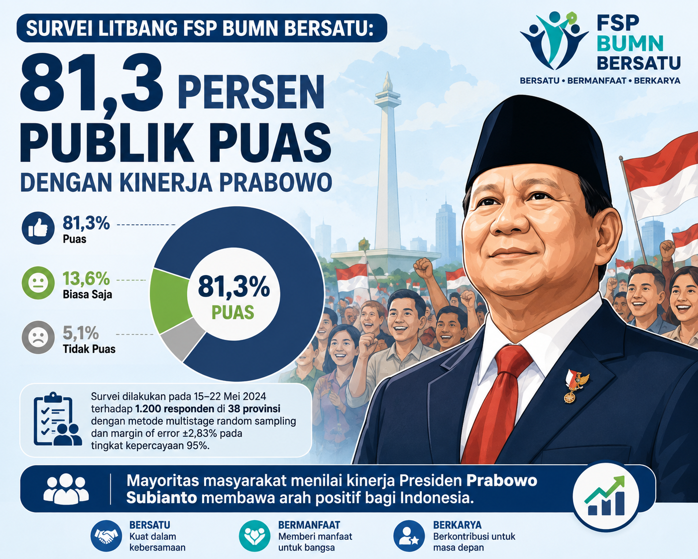 Survei FSP BUMN Bersatu: 81,3 Persen Publik Puas dengan Prabowo, tapi 53,6 Persen Nilai Ekonomi Masih Buruk