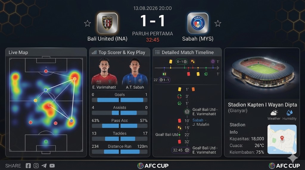 Bali United vs Sabah FC Imbang 1-1 di Babak Pertama, Gol Balasan Serdadu Tridatu Datang di Menit 22