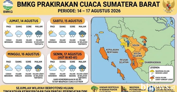 BMKG Prakirakan Hujan Ringan Guyur 6 Wilayah Sumbar 14–17 Agustus 2026, Warga Diminta Cek Cuaca Jelang Upacara 17 Agustus