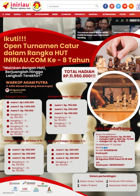 Media Iniriau.com Gelar Open Turnamen Catur di Pekanbaru, Hadiah Rp 11,9 Juta Diperebutkan 100 Pecatur