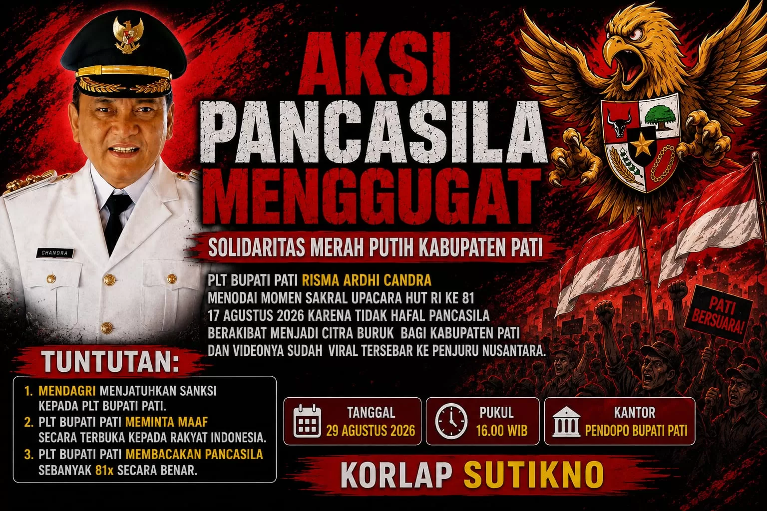 LBH Djoeang Pati Dukung Aksi Solidaritas Merah Putih, Plt Bupati Risma Ardhi Chandra Dituntut Baca Pancasila 81 Kali