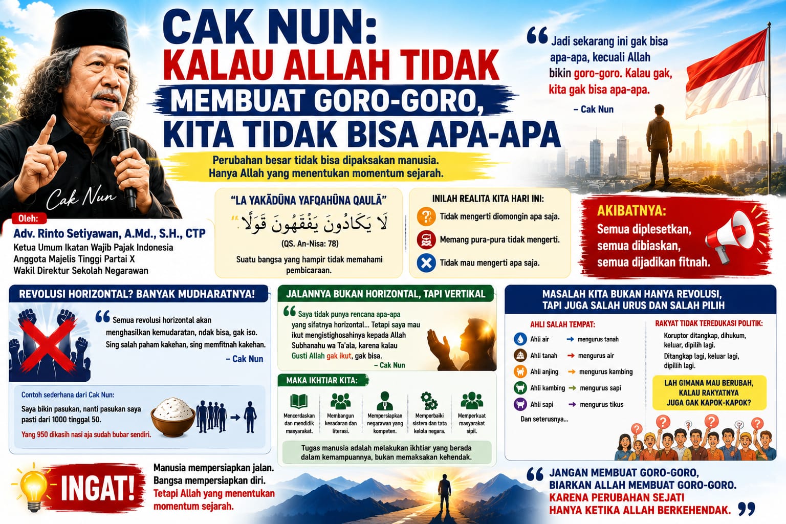Cak Nun Sebut Perubahan Besar Tak Bisa Dipaksakan Lewat Gerakan Horizontal, Serukan Istighosah