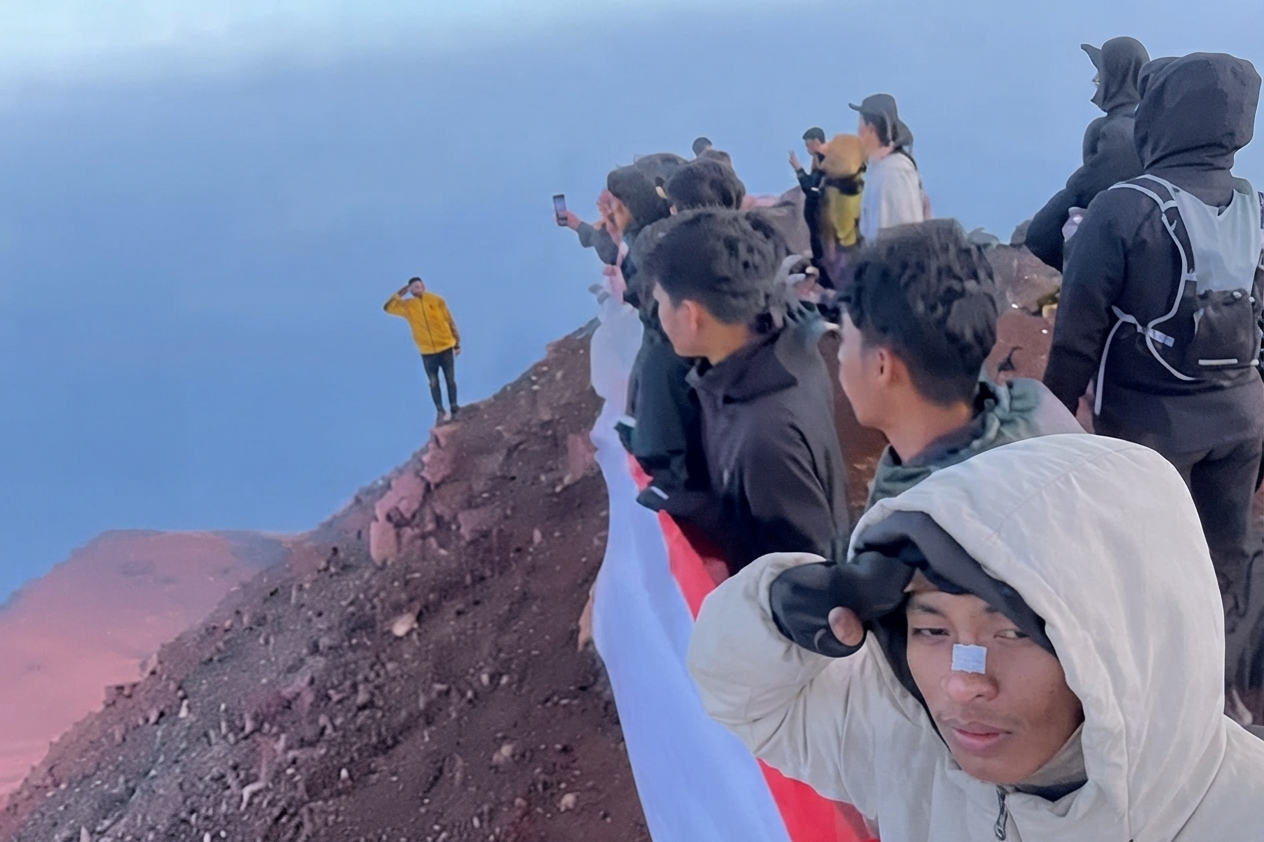 60 Pendaki Kibarkan Bendera Merah Putih 30 Meter di Puncak Gunung Kerinci untuk HUT ke-81 RI