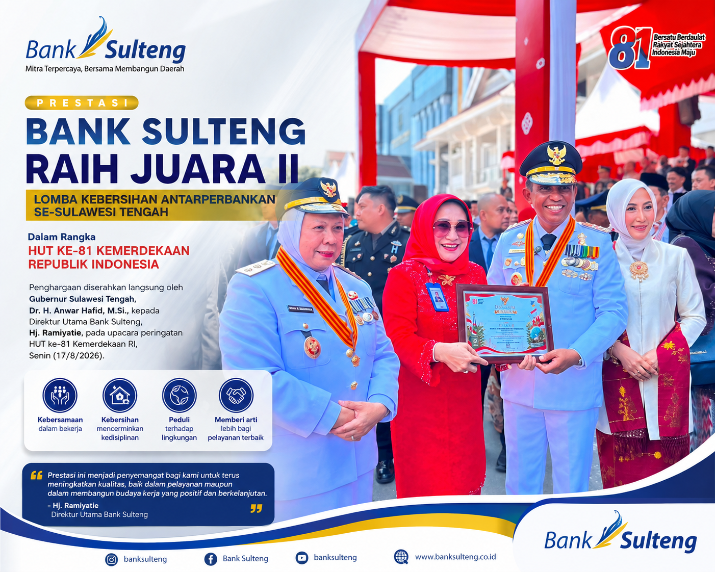 Bank Sulteng Raih Juara II Lomba Kebersihan Antarperbankan, Jadi Kado HUT ke-81 RI
