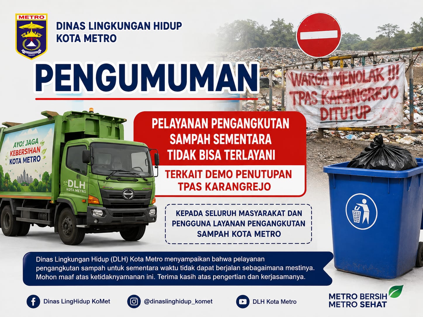 DLH Kota Metro Hentikan Pengangkutan Sampah ke TPAS Karangrejo, Warga Diminta Kelola Sampah Mandiri
